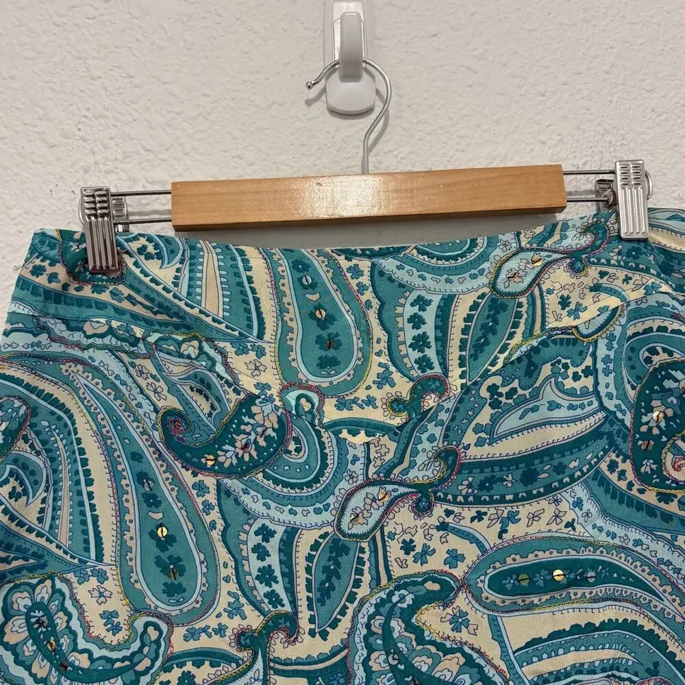 Vintage Paisley Silk Skirt Blue Teal Sequin Glam Euro Summer Cool Girl Y2K
